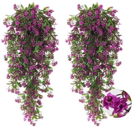 RECUTMS 2Pcs Artificial Hanging Flower Greenery Plants Faux Greenery Artificial Plants for Outdoors Hanging Basket Plastic Home Garden Wedding Party Decorations(Fuchsia)