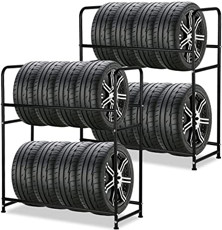 Vkechh Lot de 2 étagères à pneus pour 8 pneus, 107 x 46 x 117 cm, hauteur réglable, étagères de rangement, capacité de charge 180 kg avec housse de protection pour pneus, pour garage, cave, atelier