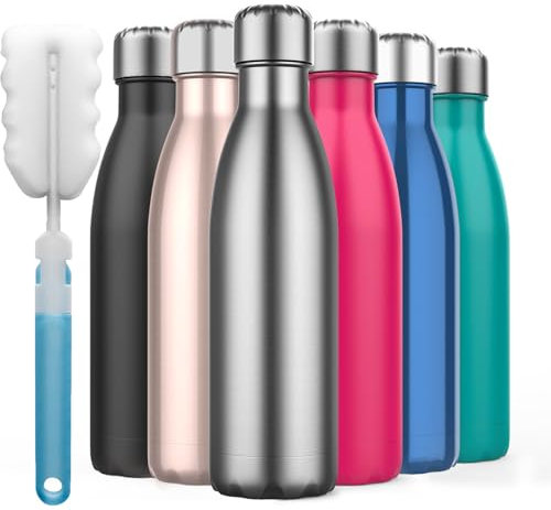 Insulated Water Bottle, Insulated Water Bottle Double Wall Vacuum Stainless Steel Bottle Leak Proof Keeps Hot with a Cleaning Brush -500ml Stainless Steel Vacuum Bottle (Silver)
