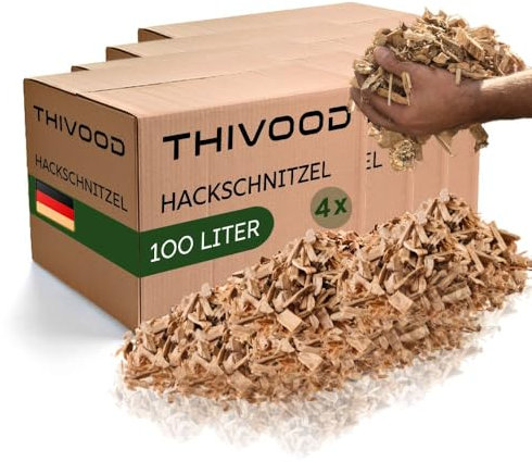 THIVOOD Hackschnitzel 400 Liter für den Garten - Ideal für Hackschnitzelheizung und als Anzünder - trockene Kiefer Holzhackschnitzel - Rindenmulch-Ersatz für Spielplatz, Gartenwege und Beete
