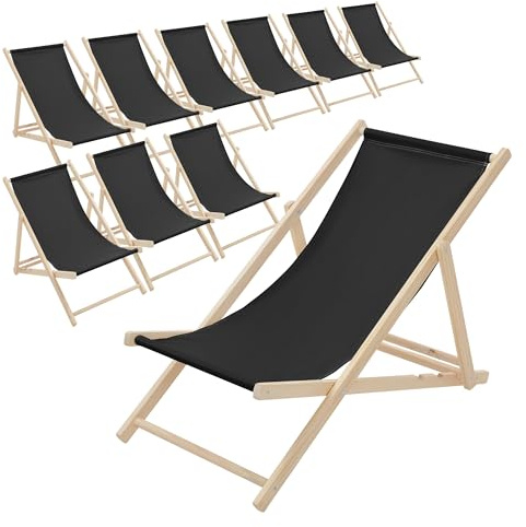 ECD Germany 10er Set Liegestuhl klappbar, Schwarz, Holz, verstellbare Rückenlehne, 3 Positionen, bis 120 kg, Sonnenliege Gartenliege Strandliege Strandstuhl Holzklappstuhl, für Garten, Balkon & Strand