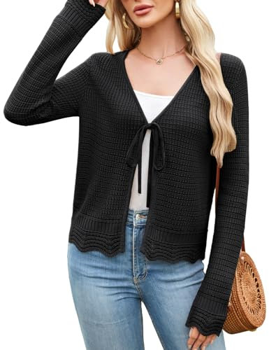 GRACE KARIN Damen Elegant Strickjacke mit Schnürung vorne Lässig Einfarbig Strickpullover Cardigan Schwarz M