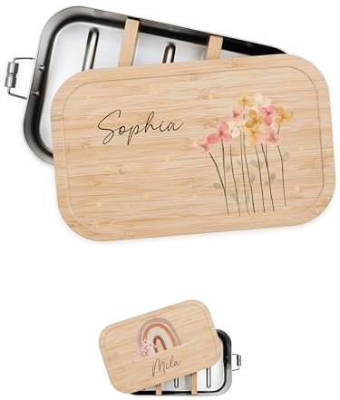 Bärenfreunde® - Personalisierte Brotdose für Kinder mit Spezial-Druck - Robuste Edelstahl Brotdose - Personalisierte Geschenke für Kinder & Erwachsene (Blumen Punkte,klein Weißblech)