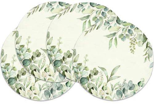 Eukalyptus Platzsets 4er Set rund Platzsets Ø 37 cm, grüne Blätter Tischsets Waschbar Platzdeckchen Dekoration Küche, Restaurant, Bauernhaus, Urlaub, Party