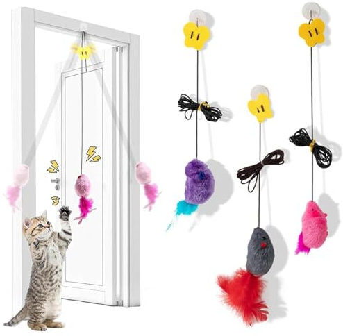 RJFUJP 3 Pack Cat Toys, Cat Toys for Indoor Cats Adult, Kitten Toys, Door Hanging Cat Toy, Cat Enrichment Boredom Mouse Toy with Squeaky Sound and Feather Tail, No Batteries Require