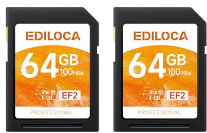 Ediloca SD Card 64GB, 2Pcs, Memory Card, Up to 100MB/s, UHS-I, C10, U3, V30, Full-HD & 4K Video, DSLR Camera SD Card, Must-Have for Professional Photographers(EF2)