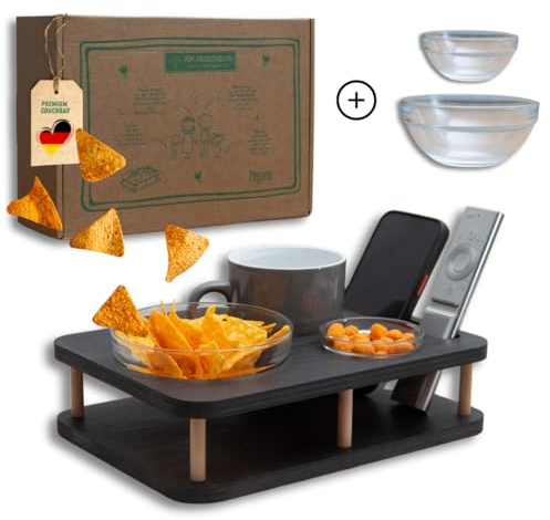 All IN ONE Couchbar in Schwarz mit 2 Glasschalen | Couchbar Snackbox personalisiert | Snackbar für die Couch | Couch Tablett mit Getränkehalter | Sofabar | Couch Butler