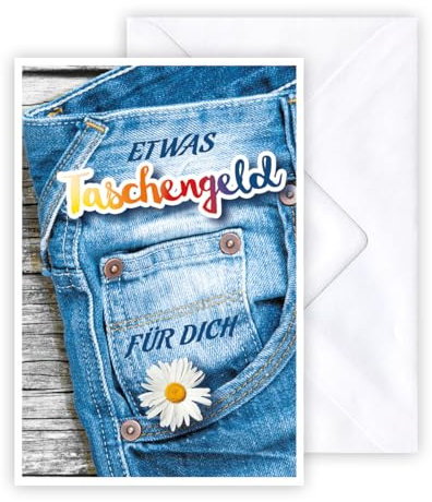 KE - 3D Pop-UP Karte zum Geburtstag DIN B6, Geldscheinkarte, Geburtstagskarte inkl. weißer Umschlag, Motiv: Jeans, Hosentasche