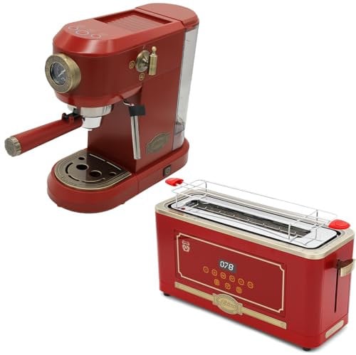 Kaiser Empire KA 2005 & T 4000 Retro Coffee Machine and 2 Slice Toaster Bundle. Portafilters Included. Removeable Drip Tray. Extra Wide Toast Slots. Vintage Classical Style. (Bordeaux Red)