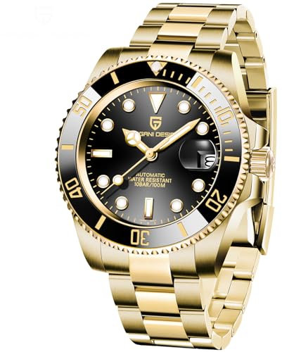 Pagani Design Herren automatische mechanische Uhr, 40mm Zifferblatt, Japanisches Uhrwerk NH35 100m wasserdicht, Datum, Edelstahlarmband(Gold Schwarz)