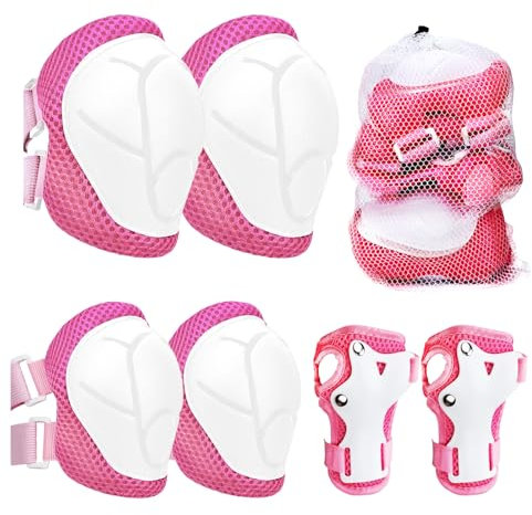 Knieschoner Kinder, 6 in 1 Schoner Inliner Jungen und Mädchen Ellenbogenschützer Set mit Handgelenkschutz für 3-8 Jahre alte Kleinkinder beim Skaten Radfahren und Skateboards (Rosa Weiß)