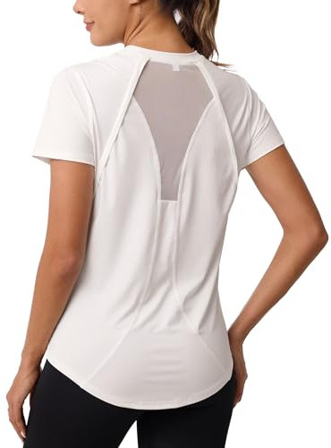 Wayleb Sportshirt Damen Kurzarm Rundhals Fitness T-Shirt Laufshirt Back Mesh Leichtes Atmungsaktiv Shortsleeve Sport Oberteile Einfarbig Gym Yoga Top Sportbekleidung, Weiß XL