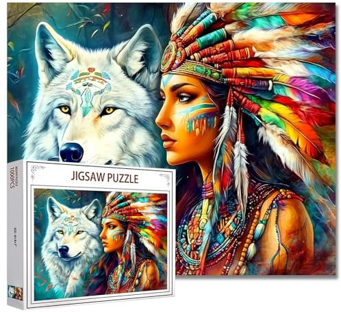 Afroamerikanische Frau und Wolf Jigsaw Puzzles 1000 Teile für Erwachsene, Bunter Traumfänger Kopfschmuck 20''x27''Inch Schönes Native American Portrait Puzzle Kunst Buntes Native American Kunstwerk