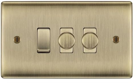 BG Antique Brass 3 Gang Switch 2x Trailing Edge LED Dimmer 1x 2 Way Custom Grid Switch