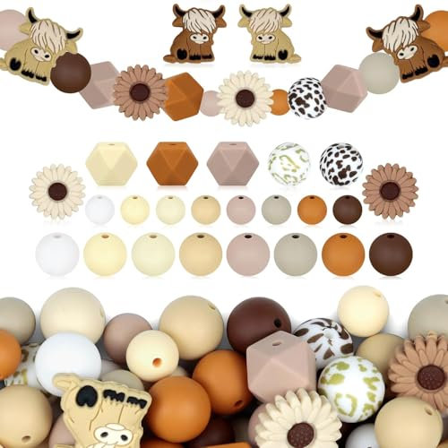 76 Stück Highland-Kuh Fokale Silikonperlen in Tierform Rund Kuhmuster Sechseckig mit Leoparden-Gummiperlen Rinderkopf für Bastelarbeiten Schlüsselanhänger Armbänder Halsketten Stifte