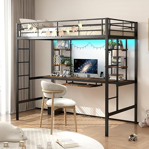 Cenbunsh Hochbett mit Schreibtisch 90x200cm, Hochbett Erwachsene mit 4 Regalen und Tastaturablage, aus Metall, Ideal für Studentenwohnheime, kleine Wohnungen, Schlafzimmer, Schwarz