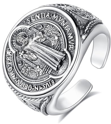 AEONSLOVE Heilige Benedikt Ring Herren Damen Verstellbarer Heilige Benedikt Ring Silber 925 Offener Ringe Verstellbar Benedict Silberring Männer