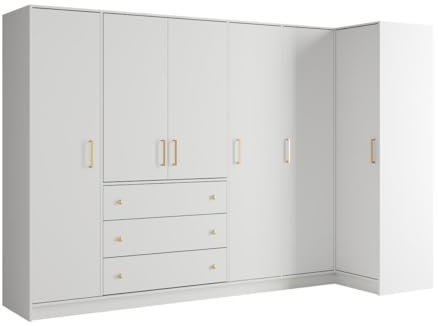 Vente-unique-Eckkleiderschrank mit 6 Türen & 3 Schubladen - 311 cm - Weiß - Lizandro