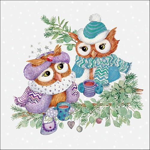 Servietten Papier 33x33cm 20 Stück Kuschelige Eulen beim Kakao im Wald Motiv - hochwertig & nachhaltig - Einweg Weihnachtsservietten 3-lagig - Papierservietten für Weihnachten Gastronomie Alltag