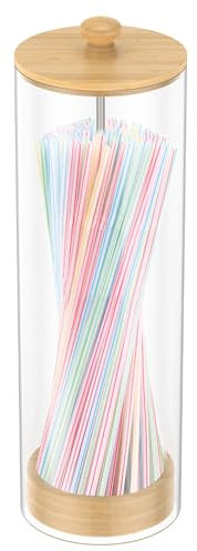 Plastic Straw Dispenser,Straw Holder Dispenser with Wooden Lid,27x8CM Drinking Straws Holder for Various Straws,Transparent Acrylic Snorkel Organizer for Home Bar Kitchen