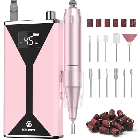HELIVIVE Taladro de uñas eléctrico profesional de 45000 RPM (portátil y recargable) (con 11 brocas), máquina de lima de uñas inalámbrica para moldear, pulir y quitar uñas de gel para salón de belleza
