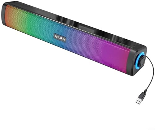 Soundbar per computer alimentata tramite USB con doppi altoparlanti stereo da 3 W, ingresso AUX, vibrante RGB a colori, per uso sotto monitor, cablata per PC desktop, laptop e giochi