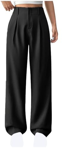 Générique Pantalon Femme Coupe Large Taille Haute avec Plis Jambes Longues Tombé Fluide Confort Quotidien Style Élégant Minimal