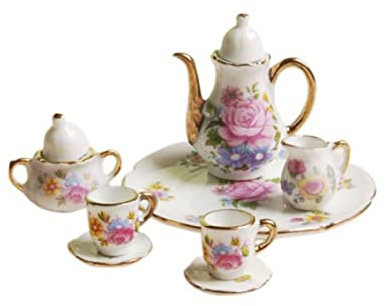 8PCS 1:12 Juego de Tazas de té de cerámica en Miniatura Juego de Tazas de té de Porcelana Estampado de Flores con Adornos Dorados Accesorios de Cocina para casa de muñecas, Juguete de cerámica