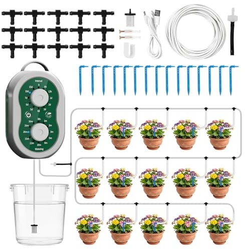 MIAJARD Kit Irrigazione Automatico Ricaricabile Kit Irrigazione a Goccia per Vasi Irrigazione Automatica Balcone per 15 Piante in Vaso da Interno, Balcone, Serra, Giardino