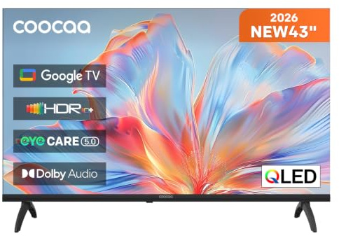coocaa 43 Zoll Fernseher, 109cm, QLED FHD Smart TV mit Google TV | HDR10, HLG, Dolby Audio, EyeCare, Triple Tuner DVB-T/-T2/-C/-S/-S2 CI+, Bluetooth 5.1, 43CGQH40Z, 2026 Neues Modell