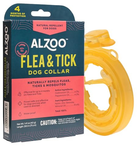 ALZOO Plant Based Flea & Tick Dog Collar - Helps Repel Fleas, Ticks & Mosquitoes - 100% Plant-Based Active Ingredients - Waterproof - Up to 4 Months Protection - Large-Sized Dogs: 40+ lbs - Single