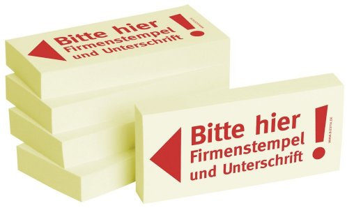 Bedruckte Haftnotizen - Text: Bitte hier Firmenstempel und Unterschrift Ausführung Bitte hier Firmenstempel und Unterschrift Größe (B x H) 75 x 35 mm Inhalt 5 x 100 Blatt