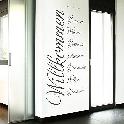 Grandora Wandtattoo Wort Willkommen in 8 Sprachen I dunkelgrau (BxH) 58 x 117 cm I Flur Diele selbstklebend Aufkleber Wandaufkleber Wandsticker Sticker W3014