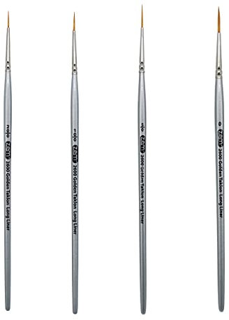 ZEM Golden Taklon Multi Media Long Liner Artist Brush Set, Silver, Synthetic Hair, 20/0, 10/0, 5/0, 0