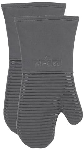 All-Clad Silicone Oven Mitts: Heat Resistant up to 500 Degrees - 100% Cotton & Silicone, 14x7 Oven Mitt for Kitchen and Barbeque, 2-Pack, Pewter