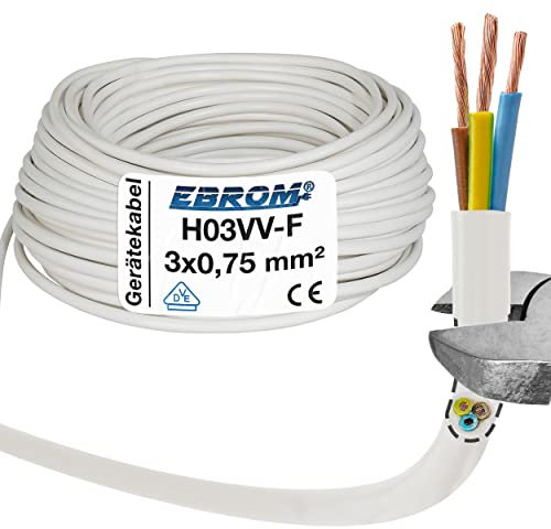 EBROM Kunststoff Schlauchleitung RUND, Kabel, Stromkabel, Leitung, Gerätekabel H03VV-F 3x0,75 mm² Farbe: weiß, viele Längen in 5 Meter Schritten bis 200 Meter 3G0,75 mm2, Ihre Kabellänge: 10 Meter