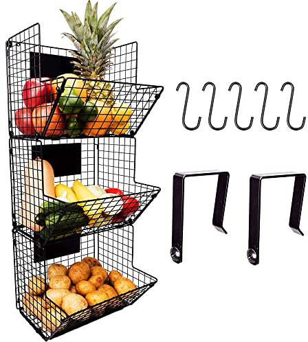 Culinary Couture 3stöckiger DrahtHängekorb zum Organisieren robuste hängende Wandkörbe zur Aufbewahrung mit verstellbaren Kreidetafeln und SHaken minimalistischer hängender Obstkorb für Küche schwarz