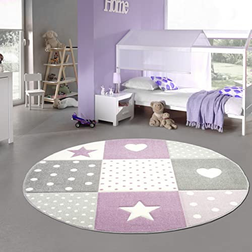 Teppich-Traum Kinderzimmer Teppich Spiel & Baby Teppich Herz Stern Punkte Design in Lila Grau Creme Größe 160 cm rund