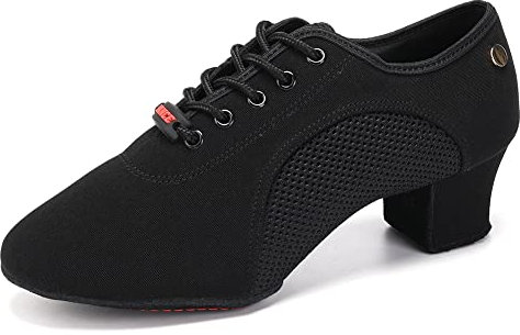 HIPPOSEUS Scarpe da Ballo Latino Donna Stringate con Punta Chiusa Tacco Basso Scarpa Allenamento da Ballo Moderno e Salsa,Nere,Tacco 5 cm, 36 EU