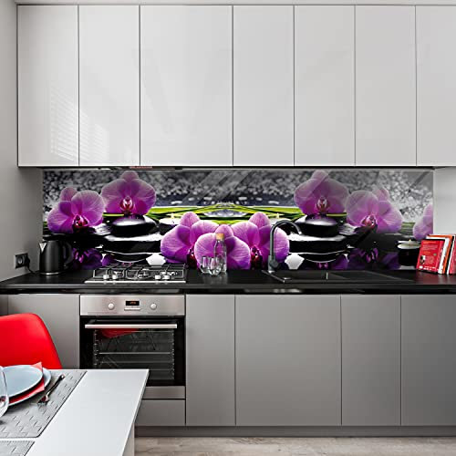 wandmotiv24 Küchenrückwand Orchidee Entspannung Wellness 240 x 60cm (B x H) - Acrylglas 3mm Nischenrückwand, Spritzschutz, Fliesenspiegel-Ersatz, Deko Küche Duft Steine Kerzen Wasser M1213