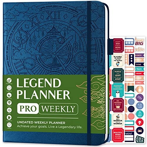 Legend Planner PRO Weekly & Monthly, Large Undated, 18x25.5, Mystic Blue | Goal & time management, to-do list, daily habit tracker, stickers, 120gsm paper, for women, men & enterpreneurs