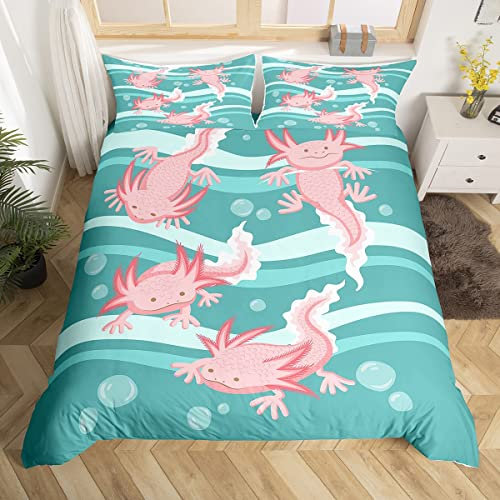 Cartoon Axolotl Bettbezug Kawaii Axolotl Bettwäsche-Set, Grün, 3D-Tiere, Bettbezug für Jungen, Mädchen, Kinder, Teenager, Salamander Tagesdecke, Einzelbett