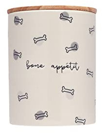Pearhead Bone Appetite Treat Jar, Ceramic and Wood Pet Treat Canister, Modern Neutral Color Home Kitchen Accessories, Dishwasher Safe, Silicone Seal Lid For Freshness, Dog Biscuit Storage Jar