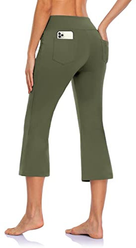 MOVE BEYOND Damen Yogahose 3/4 Sommerhose Caprihose Leicht Sporthose Butterweiche Jogginghose mit Taschen, Grün, M