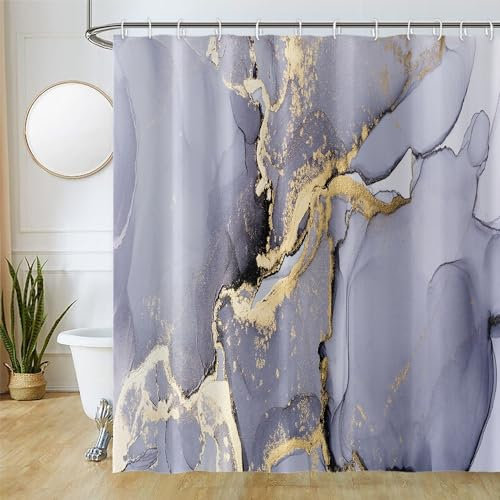 Uiiooazy Duschvorhang Marmor Optik, Duschvorhang Lila Violett Abstrakt Gold Duschvorhäng Anti Schimmel Wasserdicht Polyester Stoff Waschbar Bad Vorhang mit 12 Haken für Badezimmer 180Bx180Hcm