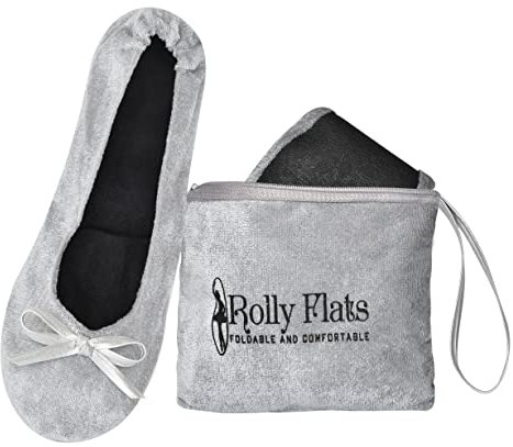 Women's Portable Foldable Ballet Flats Shoes Pumps Roll Up Slippers with Travel Pouch Bag, Light grey velvet, M