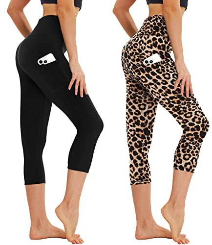 AMIYOYO Capri Leggings Damen mit Taschen 3/4 Sport Leggins High Waist Sporthose Blickdicht Elastisch 7/8 Yoga Hose Fitness Laufen für Outdoor 2er Pack(Schwarz+Leopardenmuster,L-XL=DE42-48)