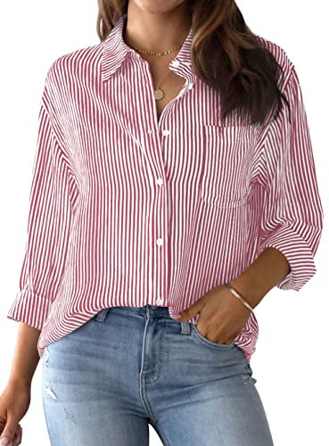 NONSAR Bluse Damen Elegant Langarm Streifenbluse Hemden mit Knöpfen Casual Büro Arbeit Blusen Baumwolle Tunika Hemd Oberteile Tops(9359S,Rot)