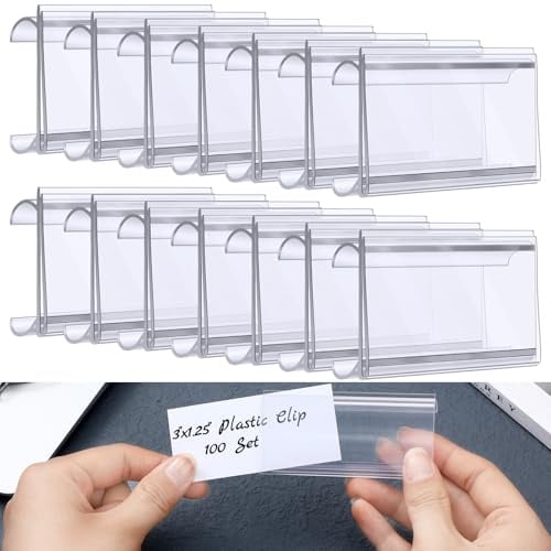 Kathfly 100 Pcs Plastic Wire Shelf Label Holder Tags with 100 Pcs Label Paper Inserts Wire Rack Labels Clips Compatible with Metro 1-1/4 Inch Shelves Labels Area 3in Lx1.25in H