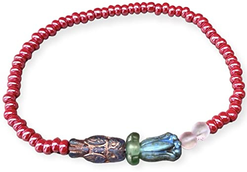 Buntes Armband aus böhmischen Glasperlen - Eule - Blume - Blüten rot blau rosa grün